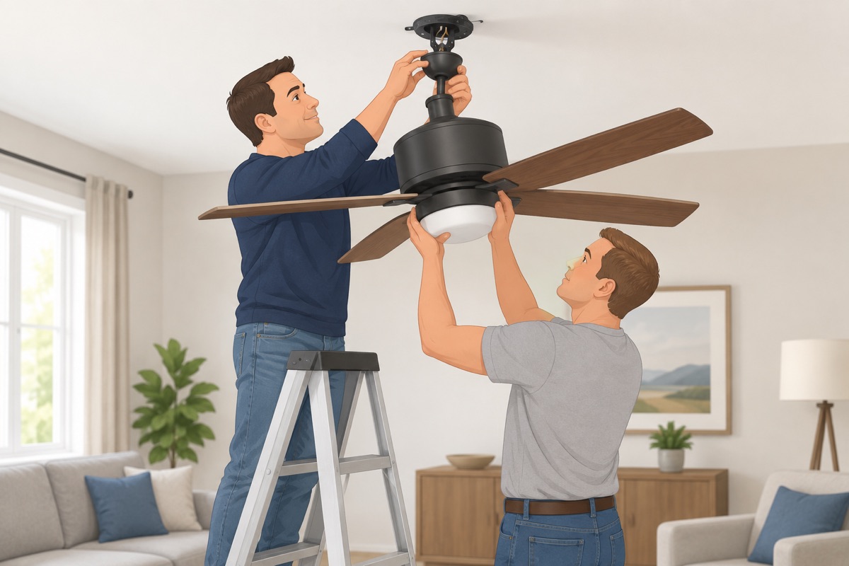 Mount the bracket and hang the fan on it