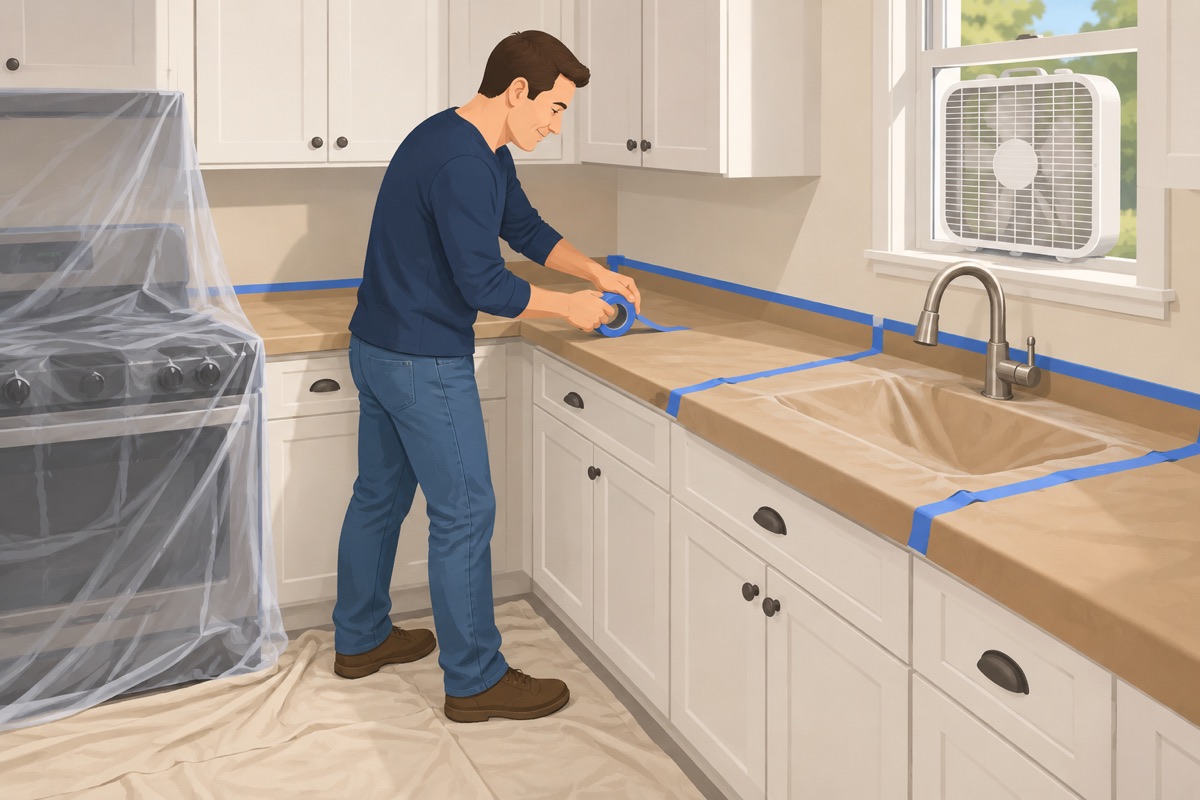 Cover the counter, the sink, and the floor