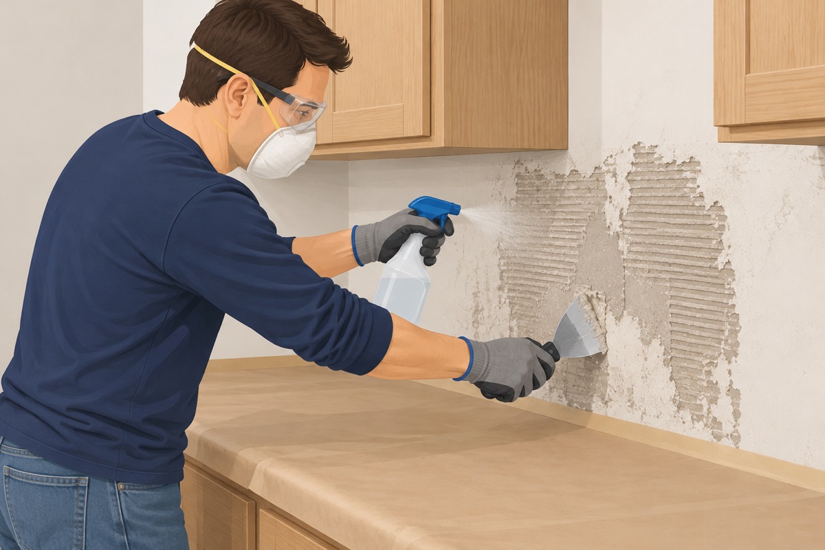 Scrape the leftover adhesive, wet