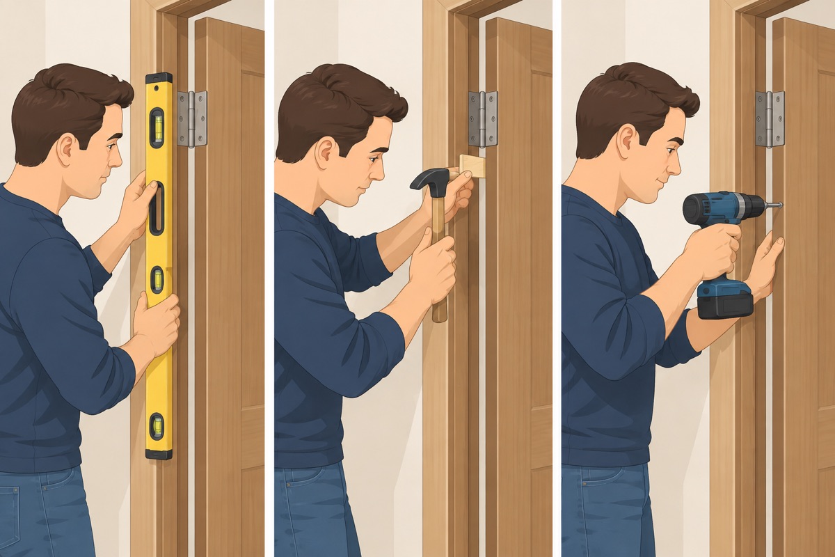 Plumb the hinge side and fasten it
