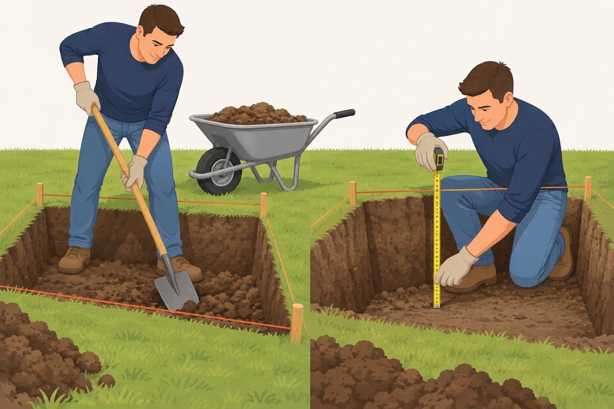 Dig out about 7 in below the strings