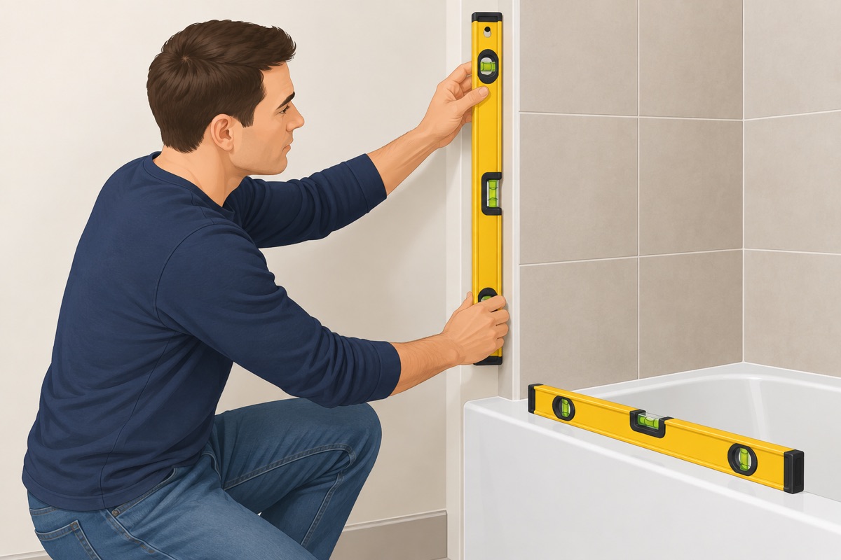 Check the walls for plumb and the tub or curb for level