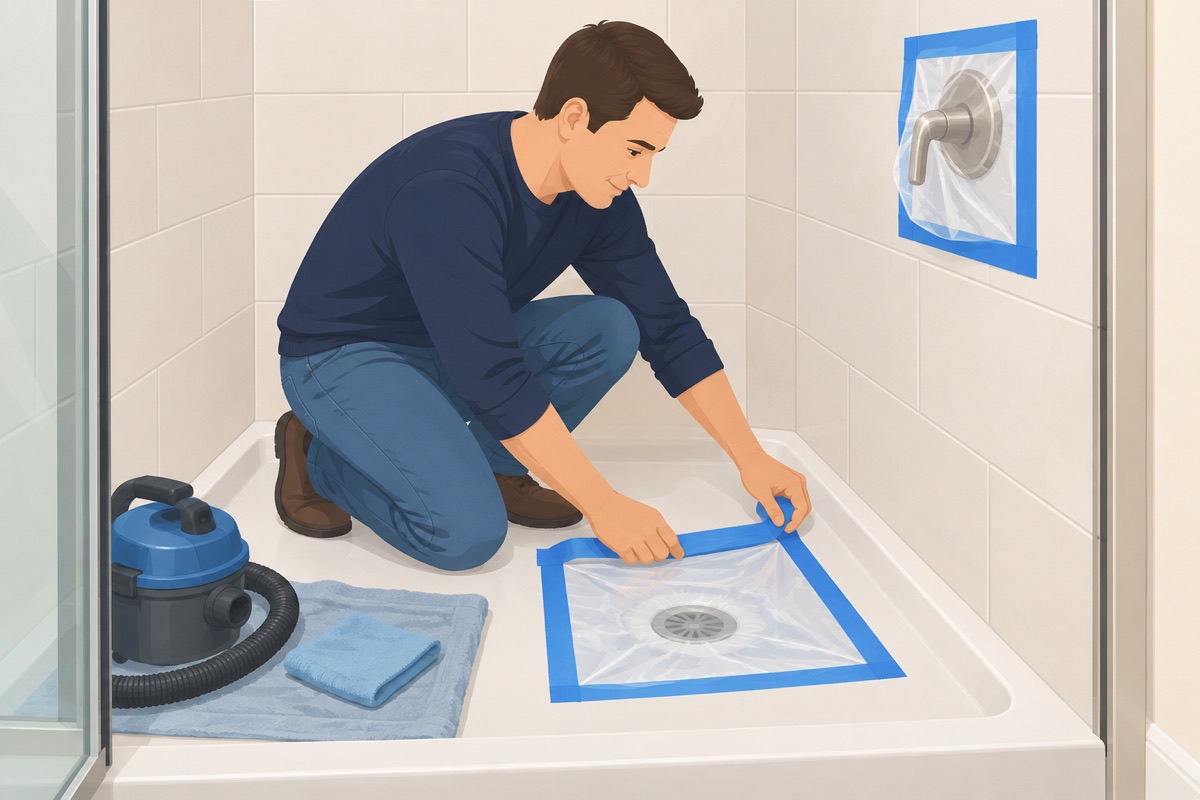 Cover the drain, the floor, and the fixtures