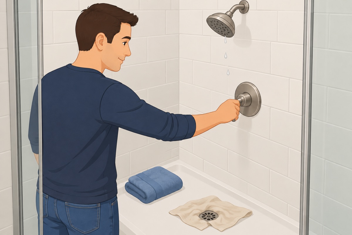 Shower off, drain covered
