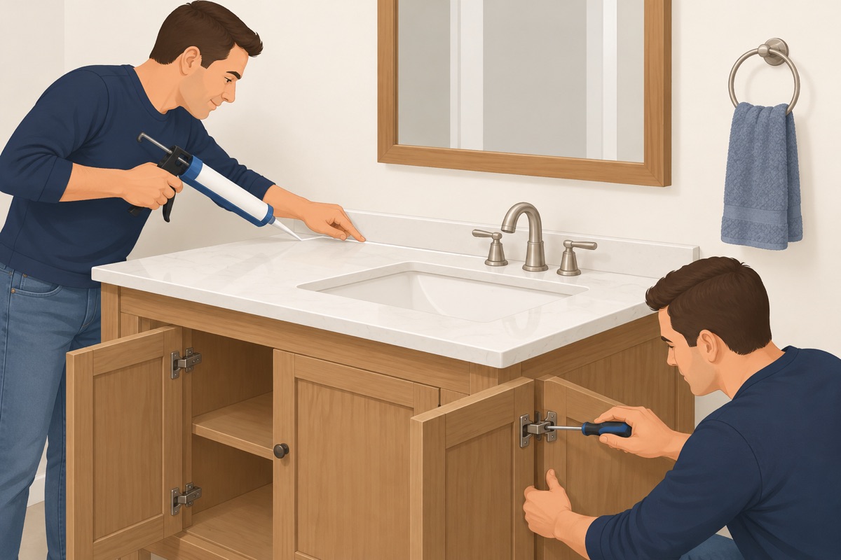 Caulk the top at the wall and adjust the doors