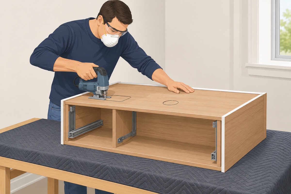 Cut the cabinet back for the pipes