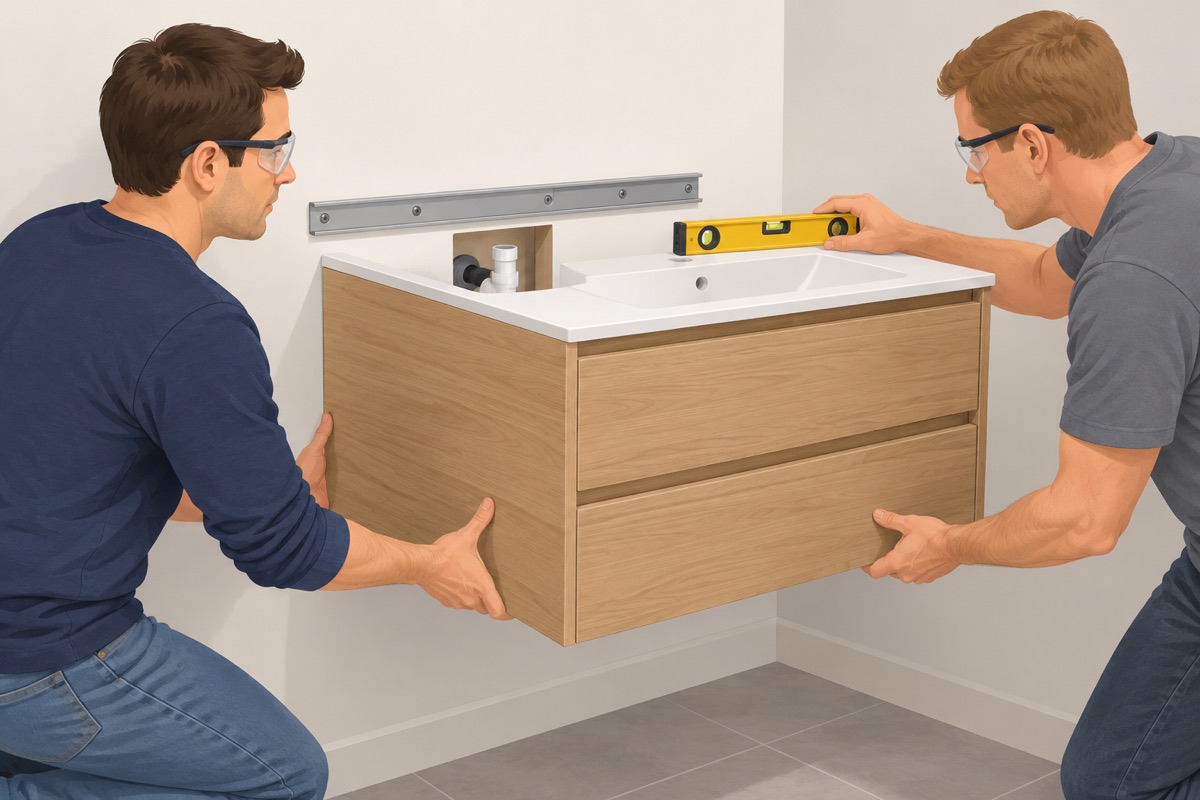 Fasten the bracket or rail, then the cabinet