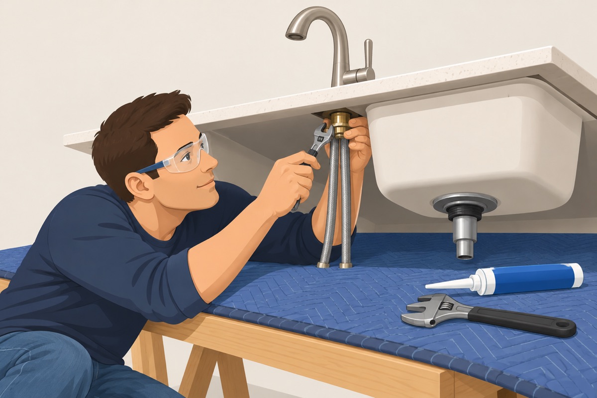 Fit the faucet and the drain to the top, then set the top