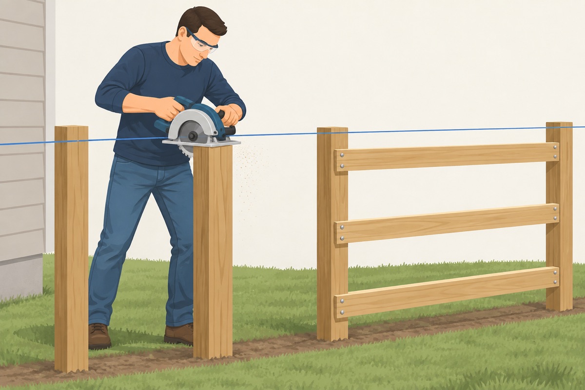 Cut the posts to height and hang the rails