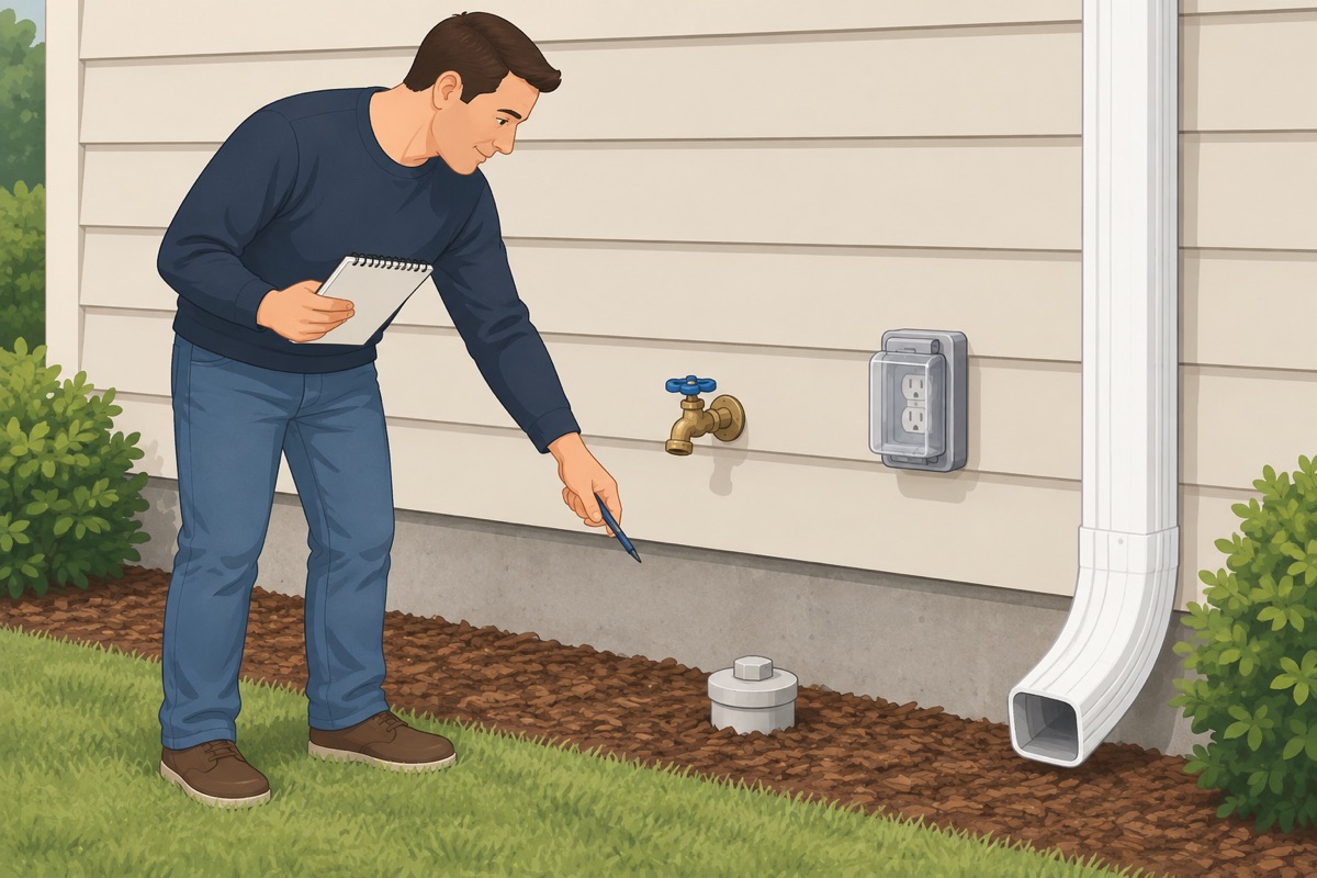 Mark the faucet, the outlet and the downspouts
